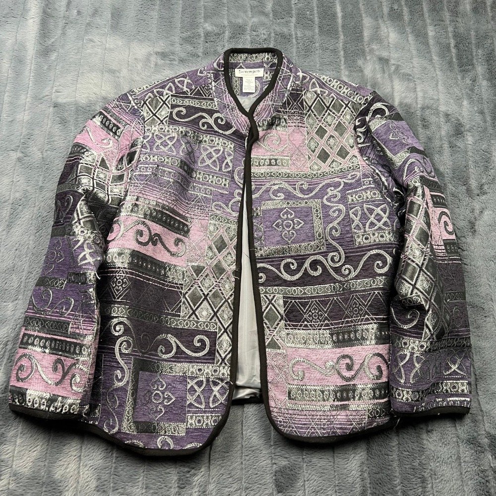 Serengeti Womens 1X Purple Pink Geometric Tapestry Open Front Jacket Lined 14997